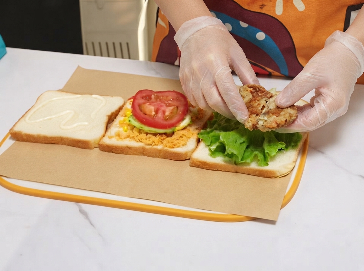 Ein gebratenes Hähnchensteak wird auf einem Salatblatt auf der rechten Brotscheibe platziert.