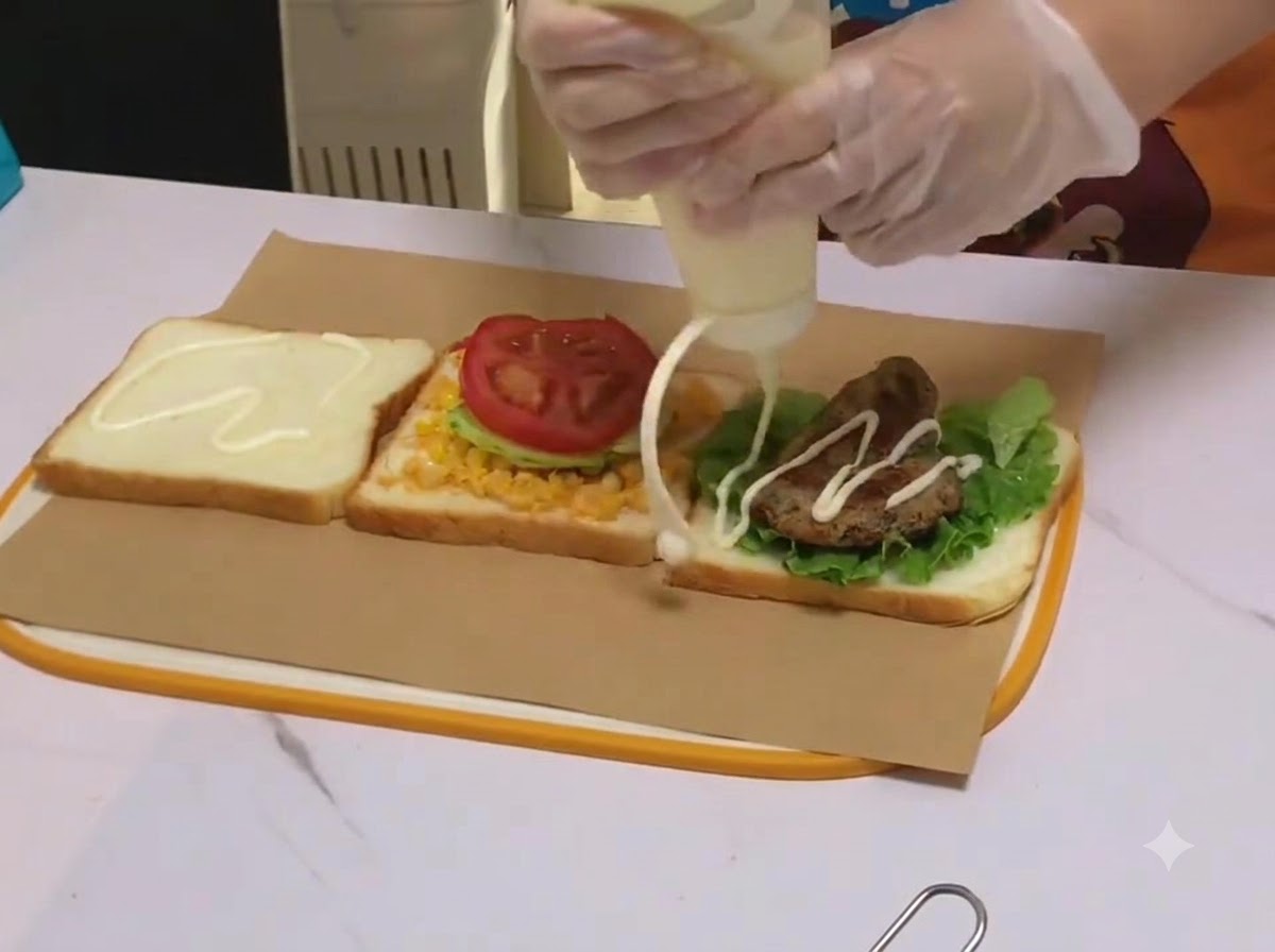 Weiße Salatcreme und Ketchup werden aus Flaschen in einem Zickzackmuster über das Hähnchensteak gegeben.