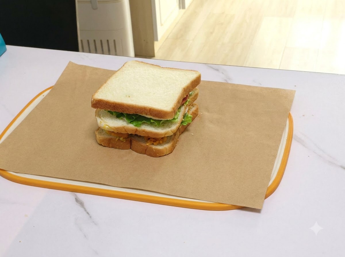 Das gestapelte Sandwich in der Mitte eines Backpapierbogens bereit zum Einwickeln.