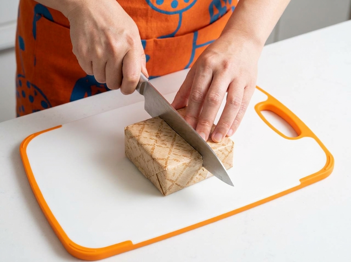 Ein scharfes Messer schneidet durch das eingewickelte Sandwich auf einem Schneidebrett.