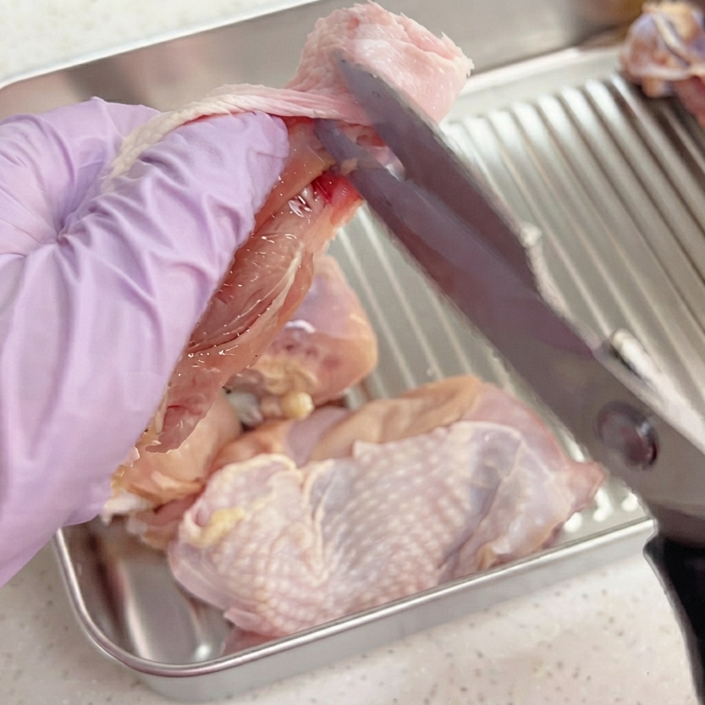 Eine Küchenschere schneidet Sehnen und Knochenstruktur einer Hähnchenkeule ab, um das Fleisch zu entfernen.