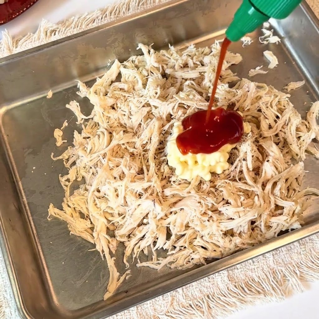 Sriracha-Soße und Mayonnaise werden auf ein Bett aus zerkleinertem Hähnchen gedrückt.