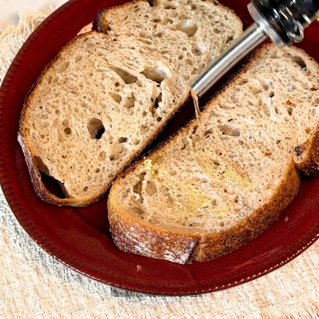 Olivenöl wird aus einer Flasche auf zwei Scheiben Sauerteigbrot geträufelt.