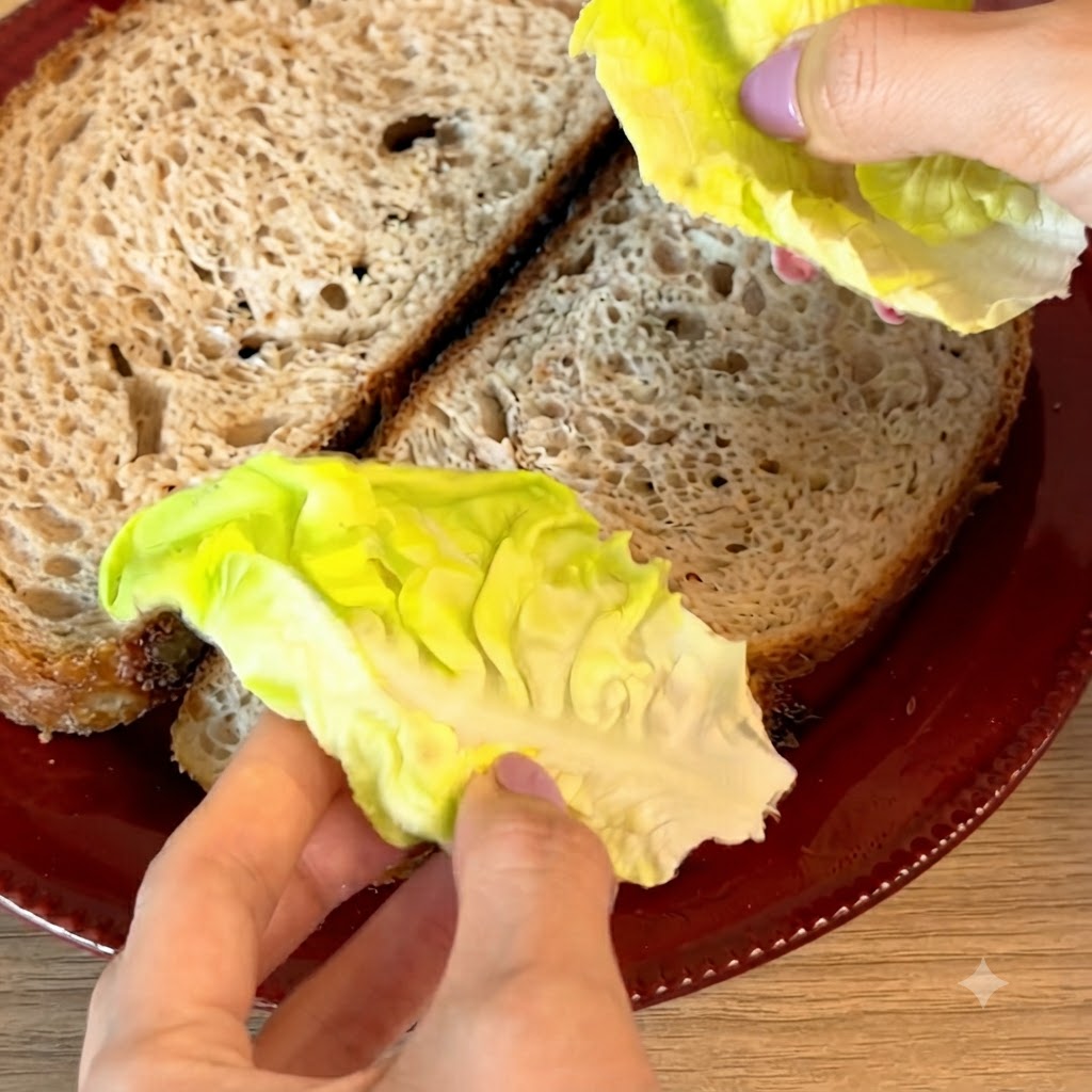 Frische grüne Salatblätter werden auf eine Scheibe Sauerteigbrot gelegt.