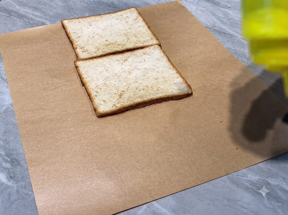Drei Toastscheiben nebeneinander auf Packpapier mit Mayonnaiselinien.