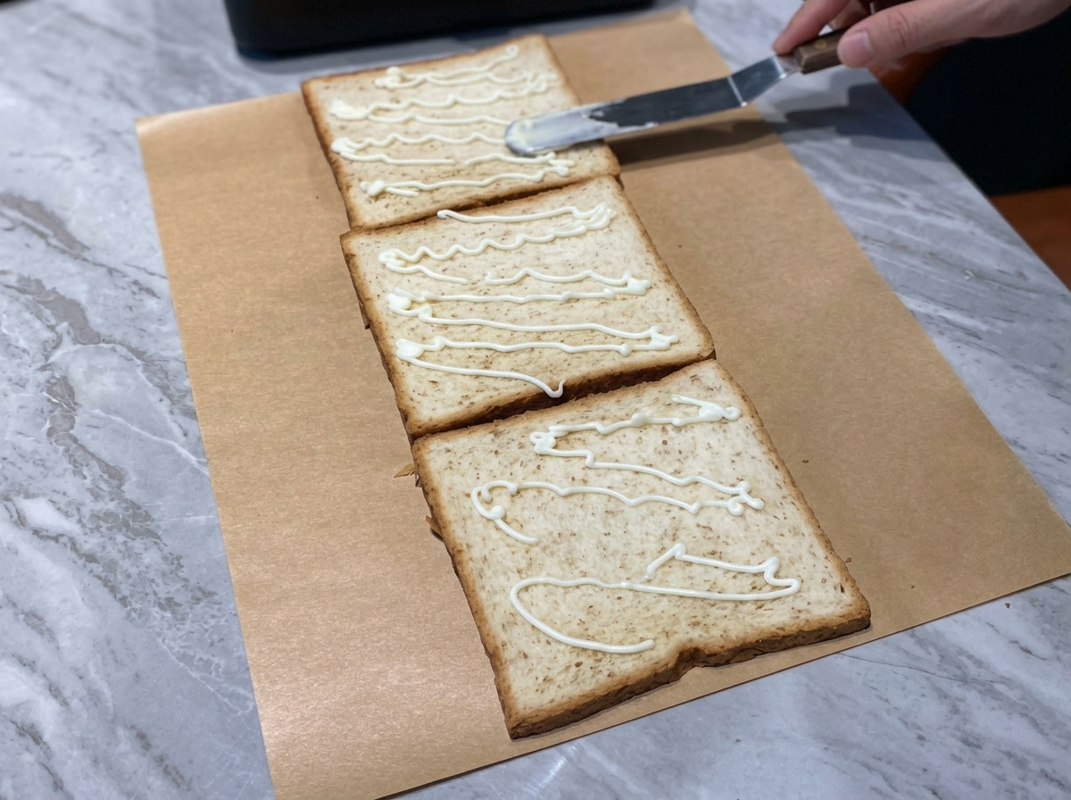 Frische grüne Salatblätter auf der ersten Toastscheibe mit Mayonnaise.
