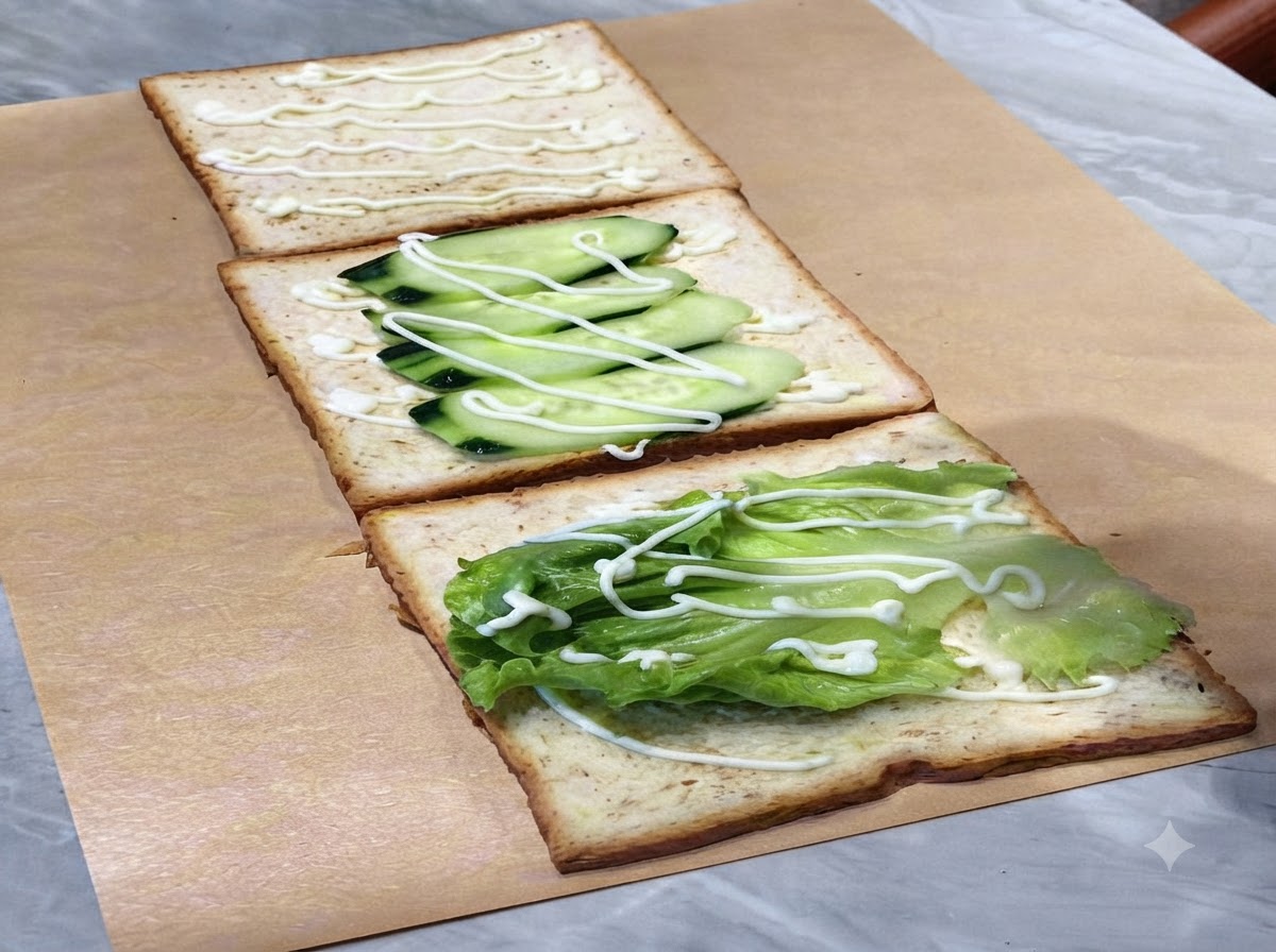 Tomatenscheibe und Spiegelei auf der Sandwich-Anordnung mit Mayonnaise.