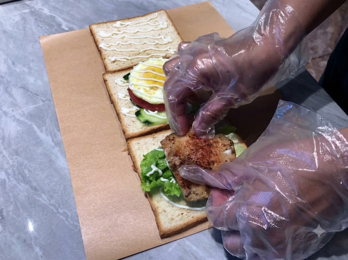 Hähnchen-Patty und gehobelter Rotkohl auf den Sandwichschichten mit Mayonnaise.