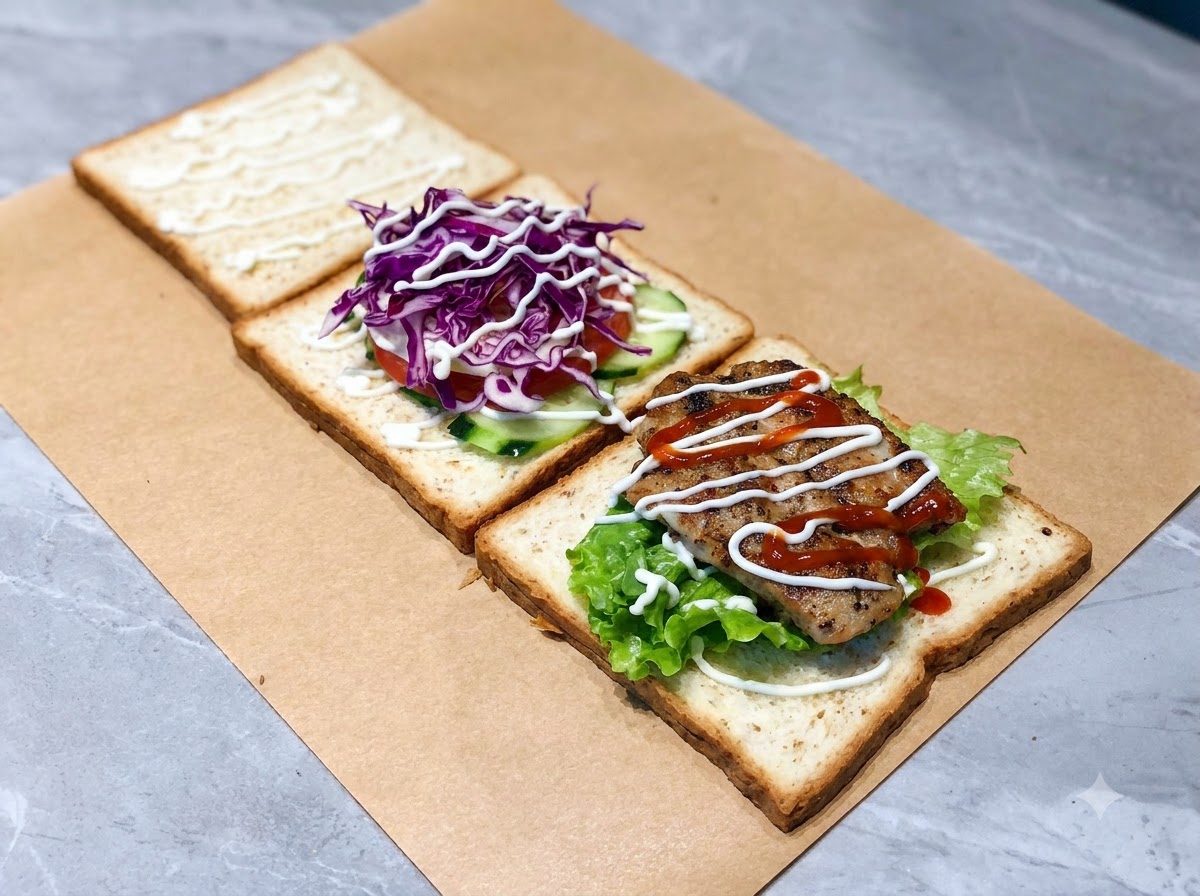 Ketchup, Honig-Senf und Mayonnaise auf den zusammengefügten Sandwich-Zutaten.
