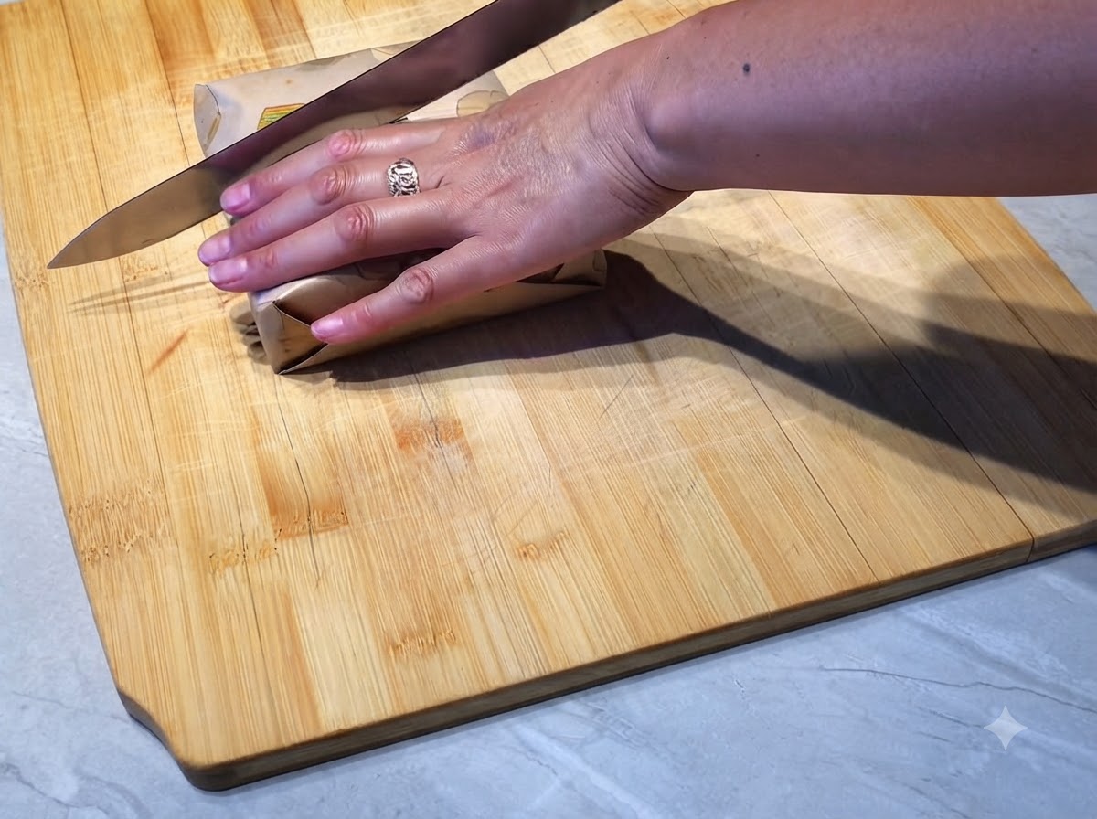Ein gezahntes Brotmesser schneidet ein in Papier gewickeltes Sandwich diagonal durch.