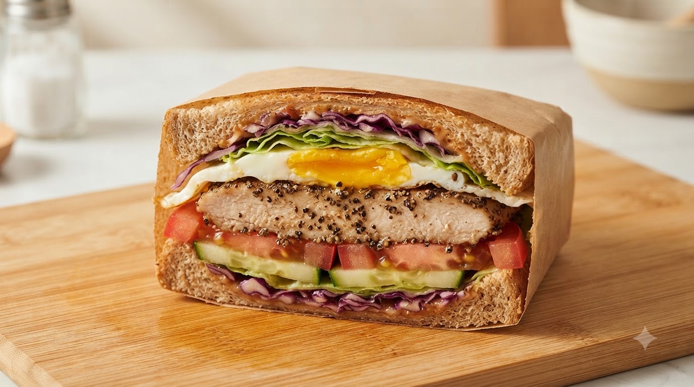 Beladenes Hähnchen-Sandwich mit schwarzem Pfeffer