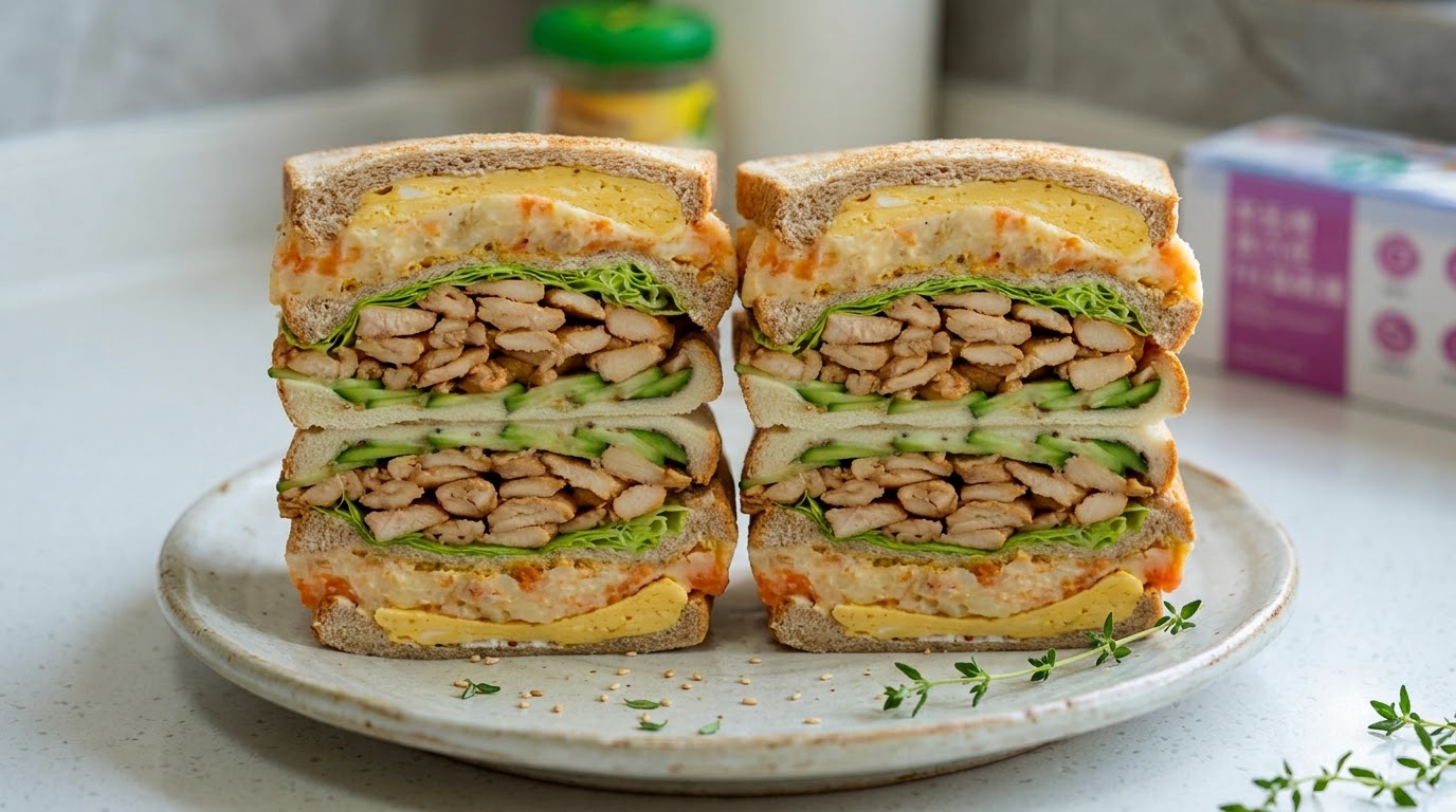Dicker Hähnchen-Kartoffelbrei-Sandwich mit Supermodel-Schlankheitswasser