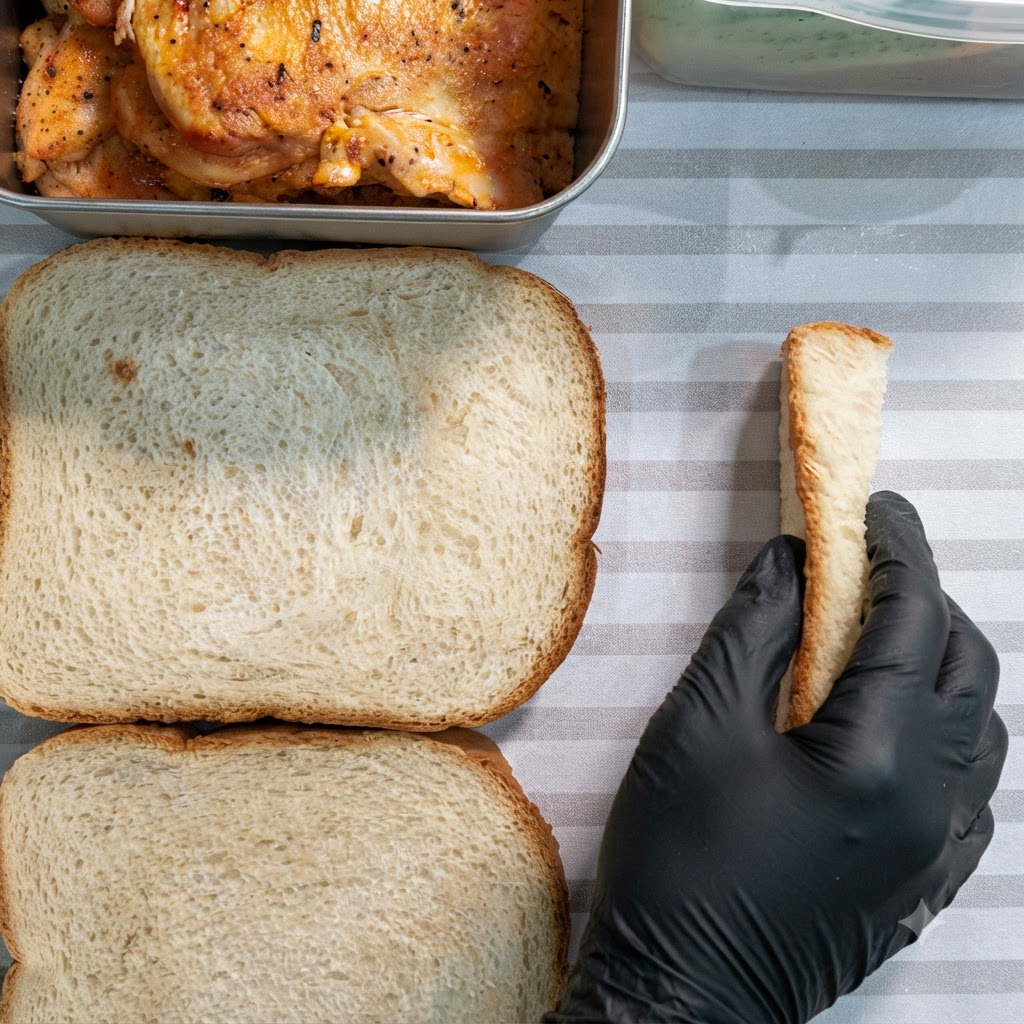 Vier Scheiben weißes Sandwichbrot, quadratisch angeordnet auf einer gestreiften Oberfläche.