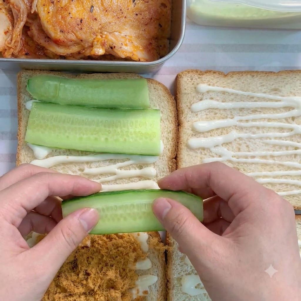 Hände platzieren frisch geschnittene grüne Gurken auf der zweiten Brotscheibe.