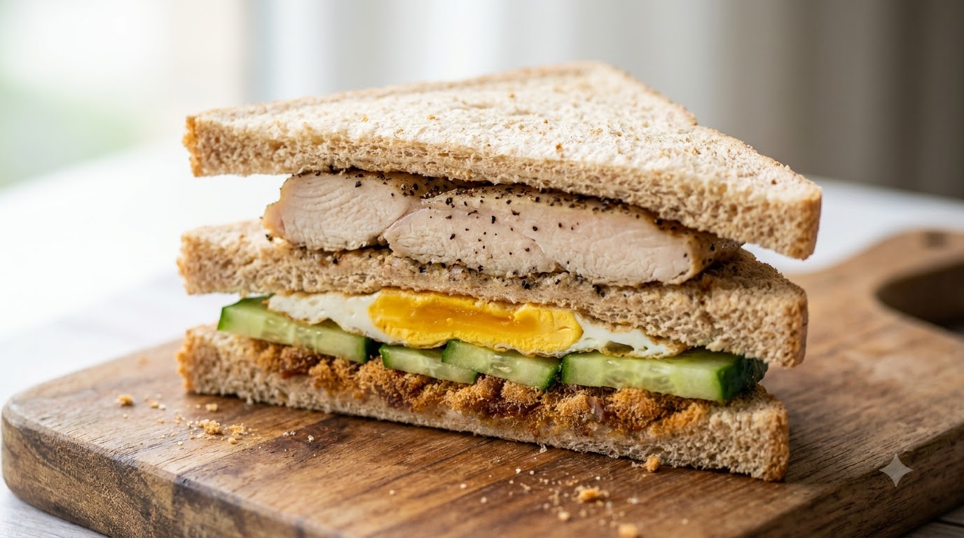Eine Nahaufnahme eines in der Hälfte geschnittenen Hähnchen-Sandwiches mit schwarzem Pfeffer, das die Schichten aus Hähnchen, Ei, Gurke und zerkleinerten Fleischflocken zeigt