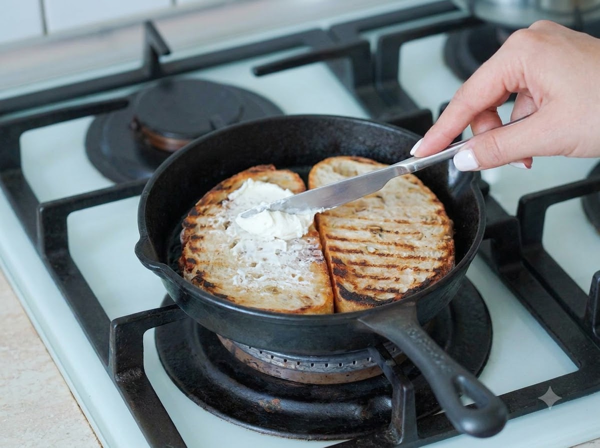 Knoblauch-Frischkäse wird gleichmäßig auf einer Scheibe getoastetem Sauerteigbrot in einer Gusseisenpfanne verstrichen.
