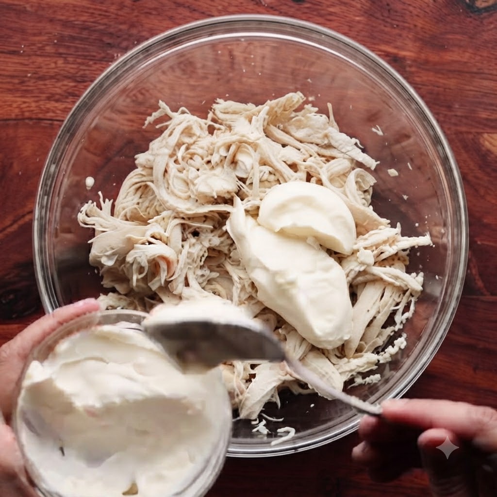 Mayonnaise wird mit einem Löffel in eine Glasschüssel gefüllt, die zerkleinertes Hähnchenfleisch enthält.