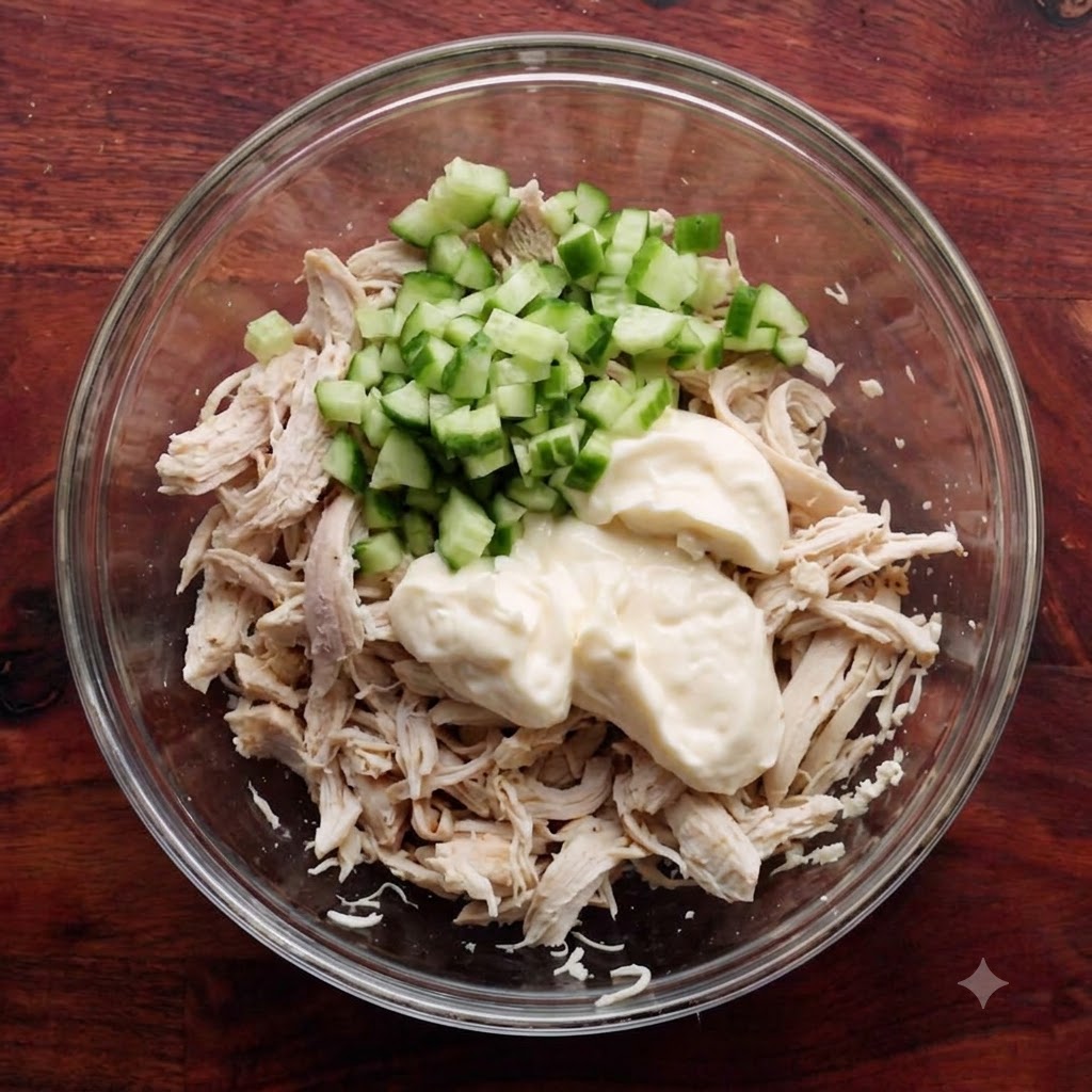 Fein gewürfelte grüne Gurkenstücke werden in die Glasschüssel mit Hähnchen und Mayonnaise gegeben.