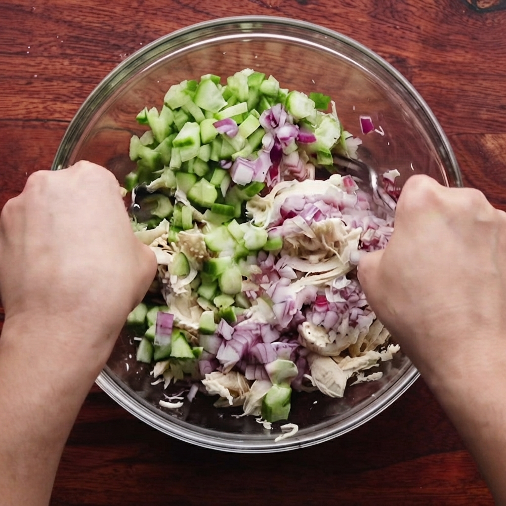 Zwei Hände mischen Hähnchen, Gurke, Zwiebel und Mayonnaise in einer Glasschüssel mit zwei Gabeln.