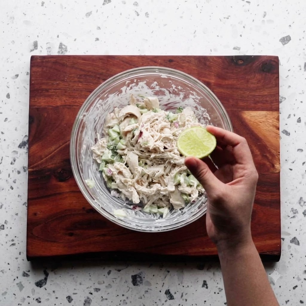 Eine Hand presst eine frische Limettenhälfte über der Schüssel mit dem Hähnchensalat aus.