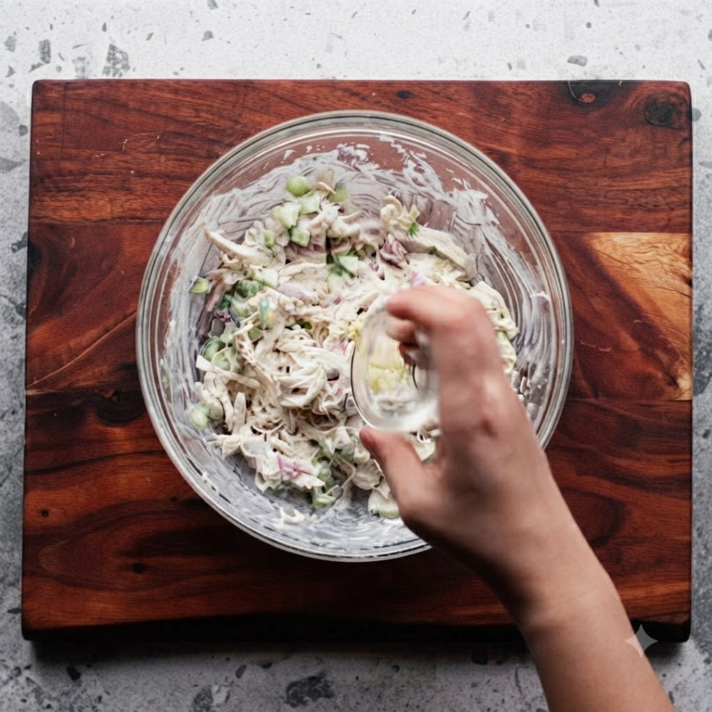 Eine Hand gibt gehackten Knoblauch aus einem kleinen Glasgefäß in die Schüssel mit dem Hähnchensalat.
