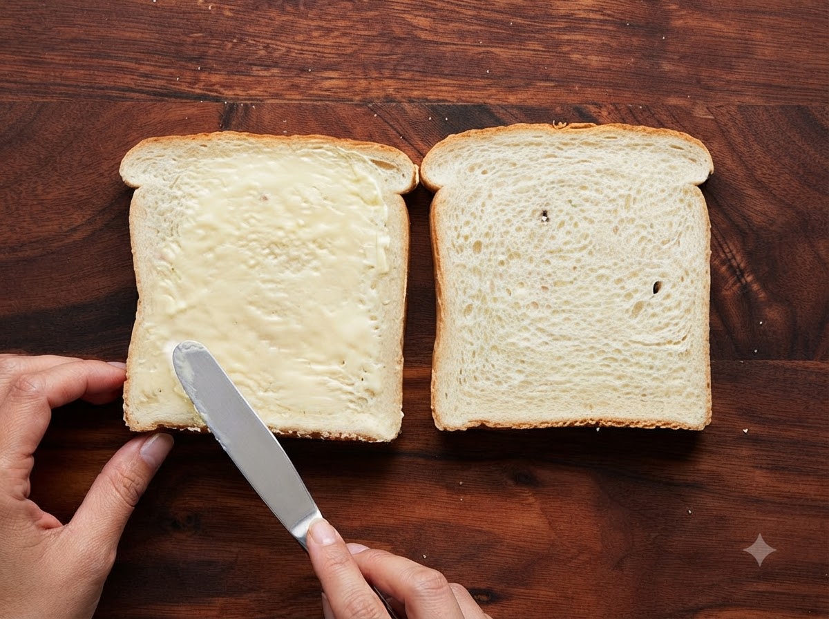 Ein ButterMesser streicht Butter gleichmäßig auf eine Scheibe weißes Sandwichbrot neben einer unbestrichenen Scheibe.