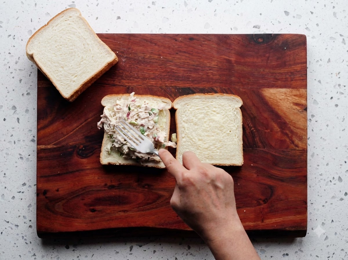 Eine Gabel platziert Hähnchensalat-Füllung auf einer mit Butter bestrichenen Weißbrotscheibe auf einem Holzbrett.