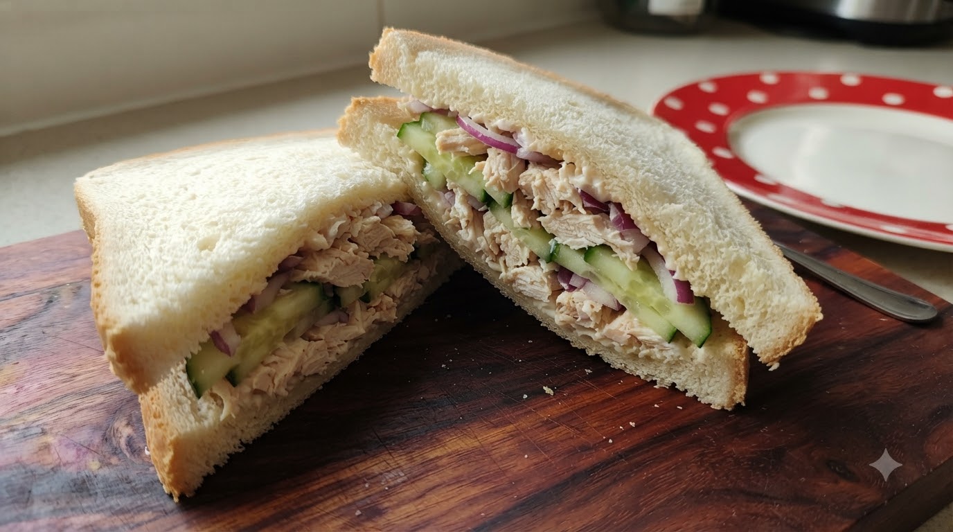 Klassisches Hähnchenbrust-Sandwich mit Gurke und Zwiebel