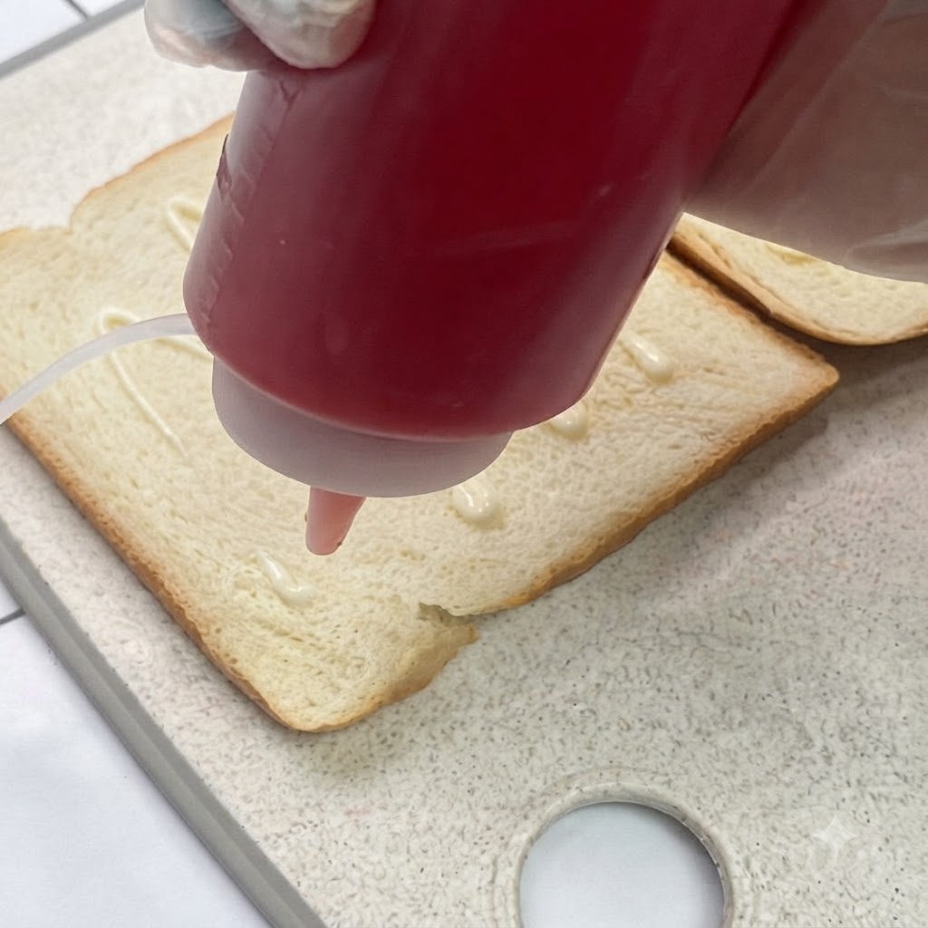 Salatdressing und Ketchup werden zickzackförmig auf eine Weißbrotscheibe gedrückt.