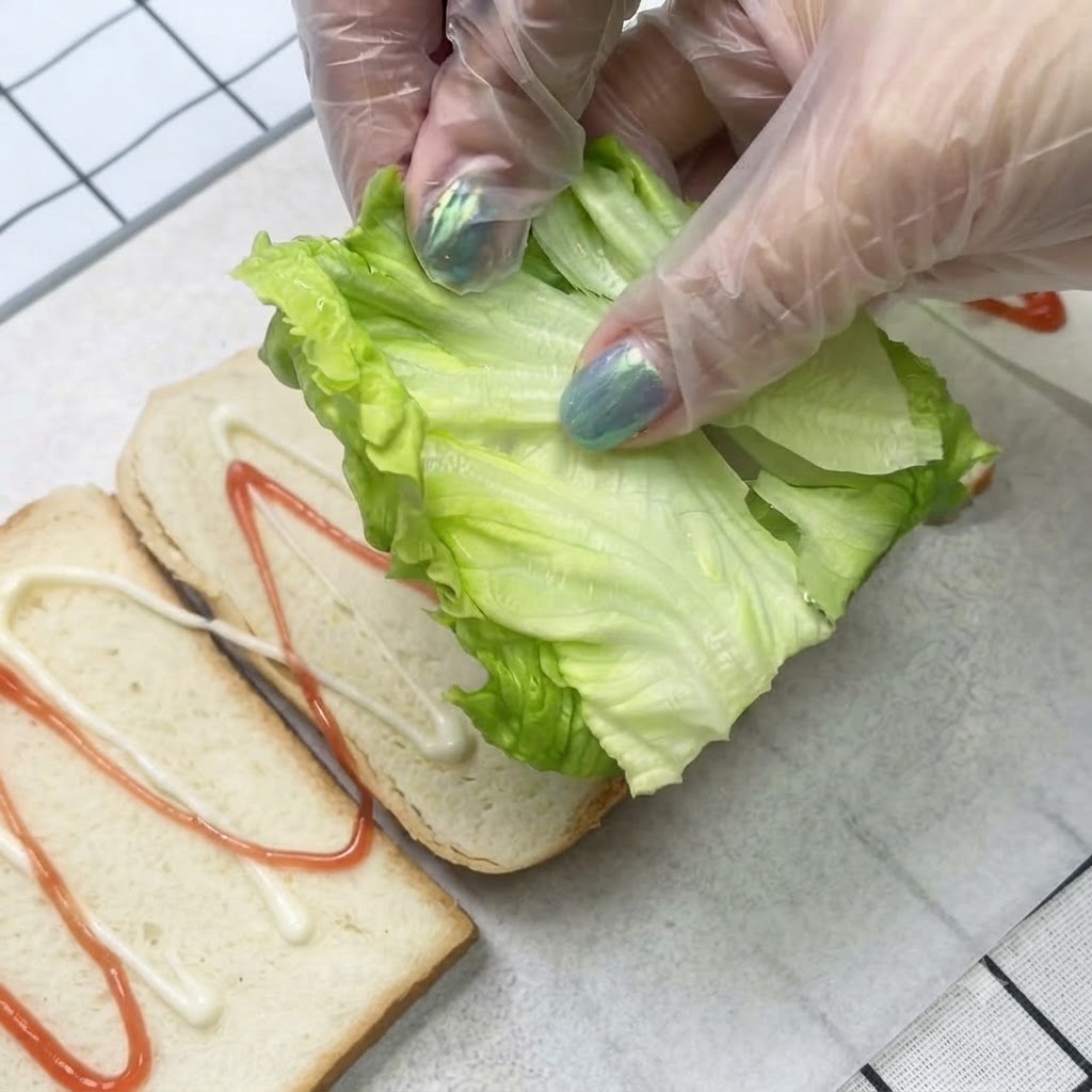 Mit Handschuhen bekleidete Hände legen ein Stück frischen grünen Salat auf eine mit Soße bedeckte Brotscheibe.