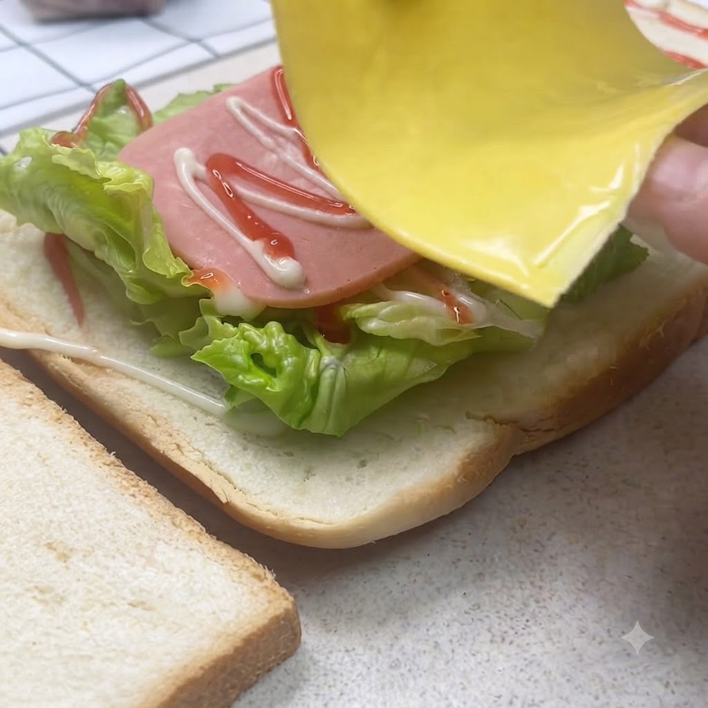 Eine gelbe Käsescheibe wird über dem Schinken auf einer Sandwich-Zubereitungsstation mit Salatdressing platziert.
