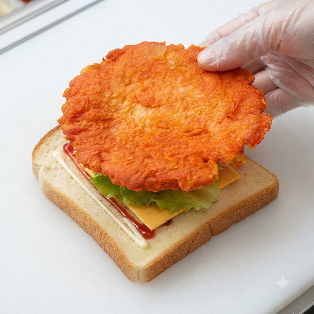 Ein Hähnchenschnitzel nach Orléans-Art wird auf eine gelbe Käsescheibe und Brot gelegt.