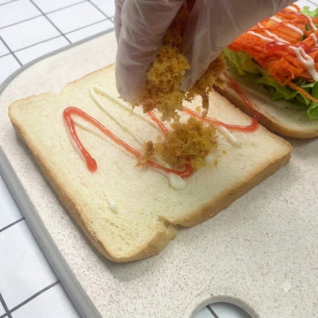 Fleischflocken werden gleichmäßig über eine mit Soße bedeckte Weißbrotscheibe gestreut.