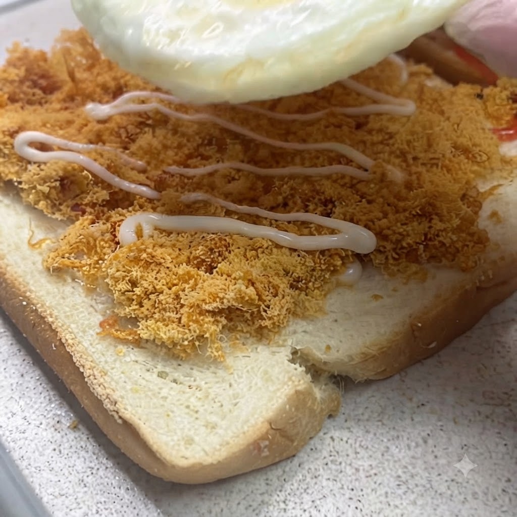 Ein Spiegelei wird auf eine Schicht Fleischflocken mit geträufeltem Dressing auf Sandwichbrot abgesenkt.