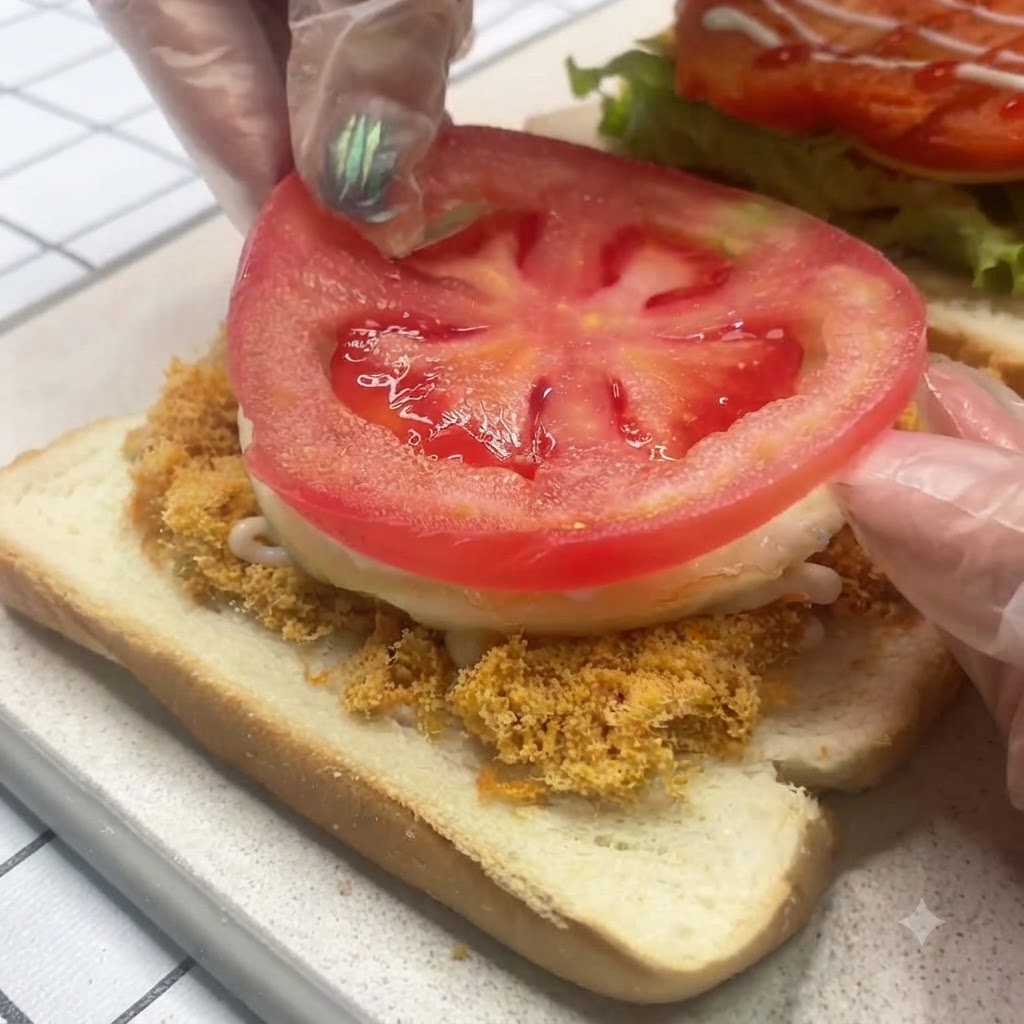 Eine frische Tomatenscheibe wird auf ein Spiegelei auf einem Sandwich-Stapel gelegt.