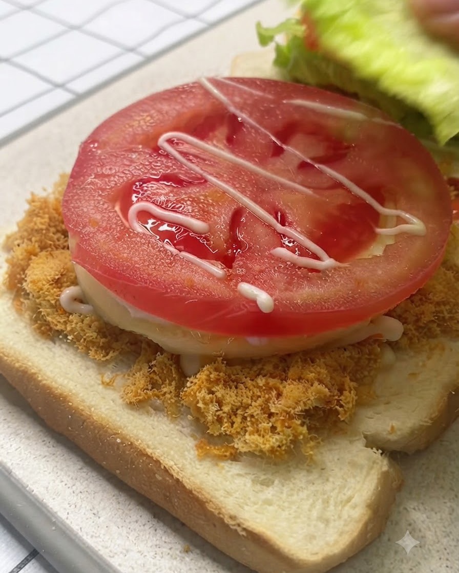 Ein frisches Salatblatt wird über eine Tomatenscheibe auf einem belegten Sandwich gelegt, das zum Schließen bereit ist.