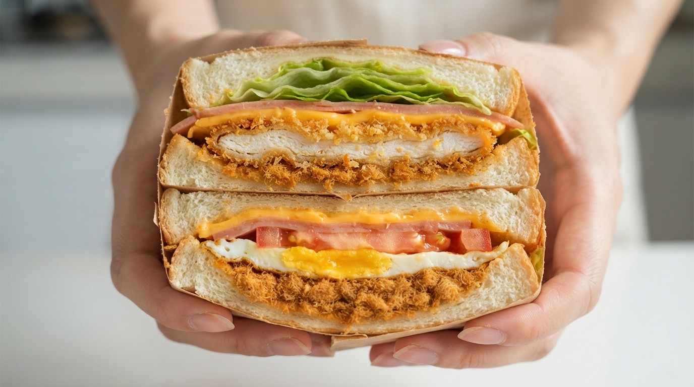 Zwei dicke Hälften eines reichhaltigen Mehrschicht-Sandwiches mit bunten Schichten aus Hähnchenschnitzel, Käse, Schinken, Ei und frischem Gemüse.