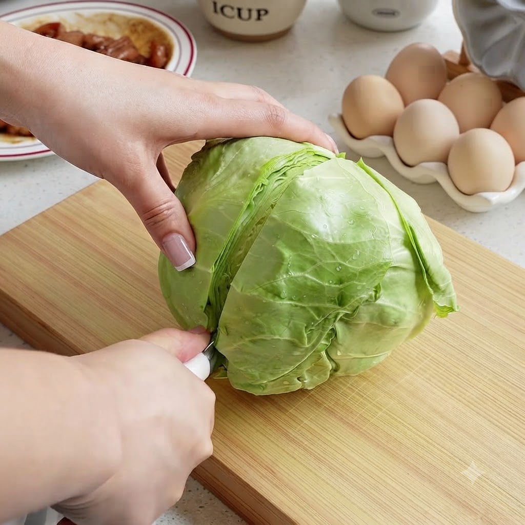 Ein Weißkohl wird auf einem Holzschneidebrett in feine, zarte Streifen geschnitten.
