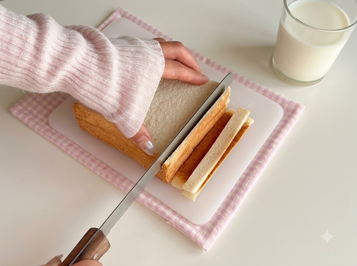 Weißbrotscheiben werden mit einem Messer auf einem Schneidebrett zugeschnitten.