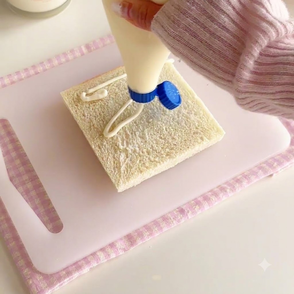 Salatdressing wird auf eine Brotscheibe gedrückt und verstrichen.