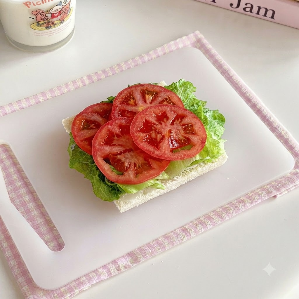 Eine Brotscheibe wird auf die geschichteten Gemüsesorten gelegt.