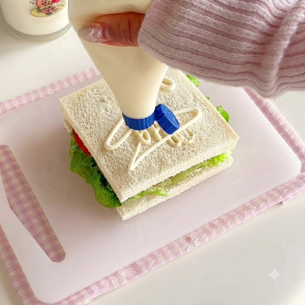 Salatdressing wird aus einer Plastikflasche in einem Muster auf eine quadratische Weißbrotscheibe gedrückt.