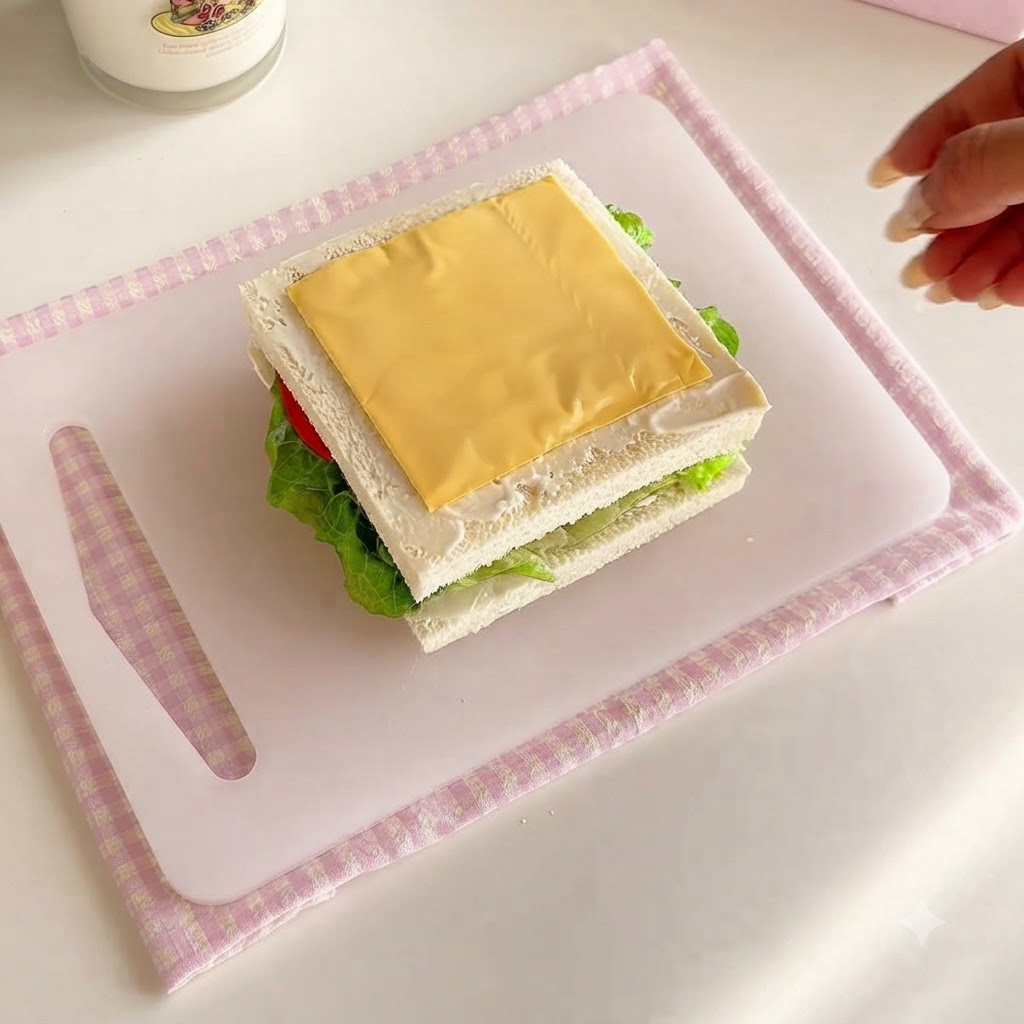 Eine quadratische Scheibe gelber Käse liegt ordentlich auf den zubereiteten Sandwichschichten.