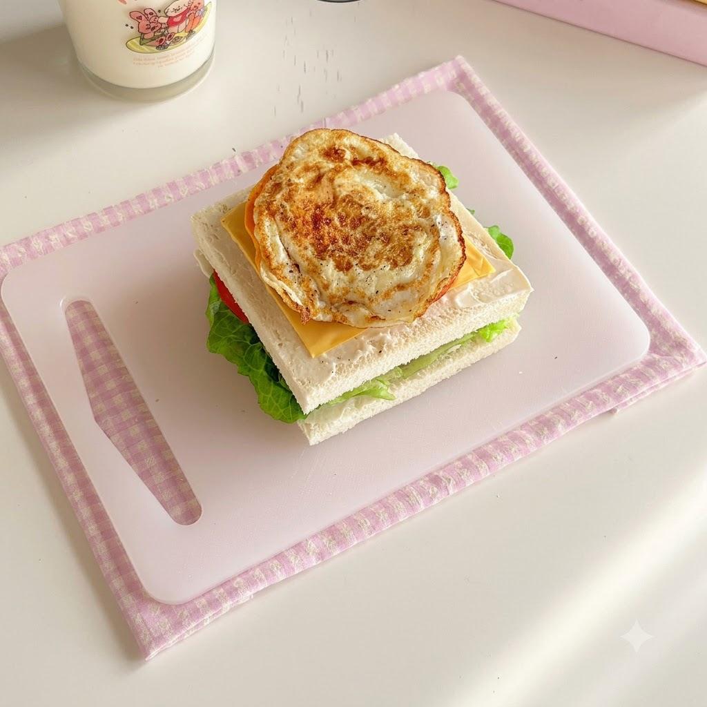 Ein Spiegelei ruht auf Sandwichschichten mit frisch gemahlenem schwarzem Pfeffer.