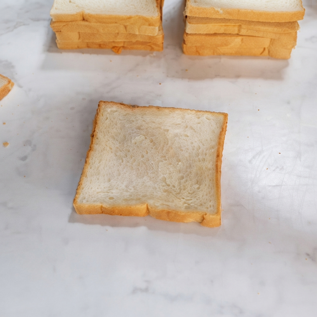 Eine Nahaufnahme einer weißen Brotscheibe, auf die Zick-Zack-Linien aus Mayonnaise-Dressing gespritzt werden.
