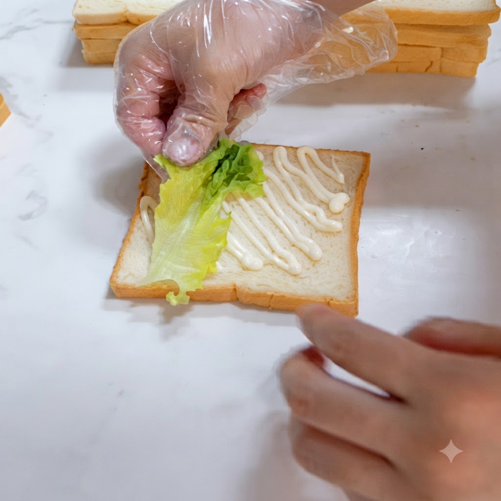 Mit Handschuhen bekleidete Hände platzieren sorgfältig ein frisches grünes Salatblatt auf die mit Dressing versehene Toastscheibe.