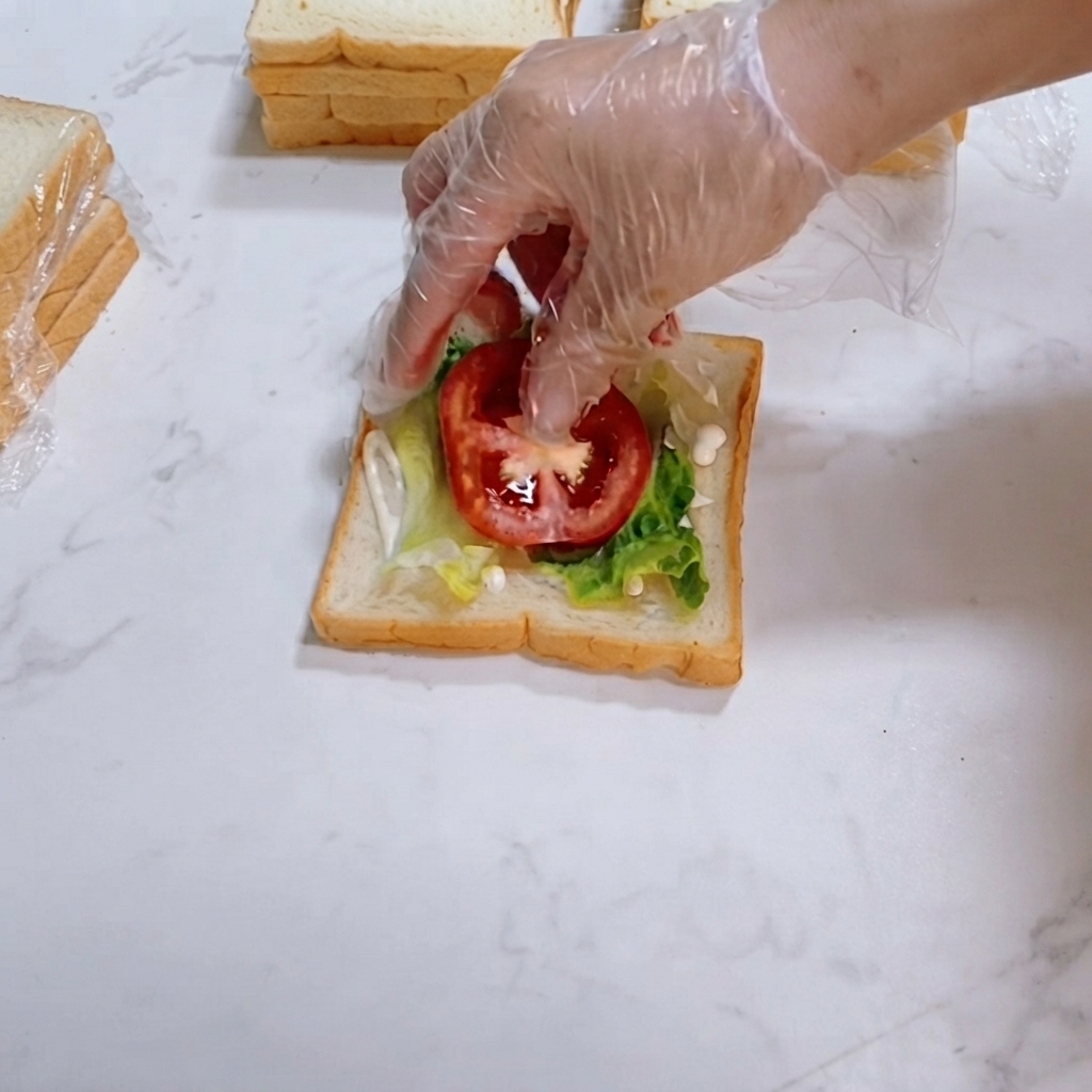 Frische rote Tomatenscheiben werden sorgfältig auf die Salatschicht auf der Brotscheibe gelegt.