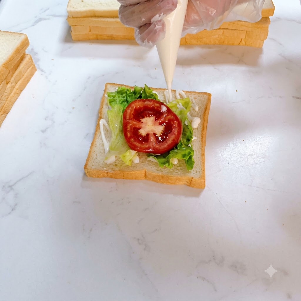 Salatdressing wird aus einem Spritzbeutel auf eine rote Tomatenscheibe gespritzt, die auf Salat liegt.