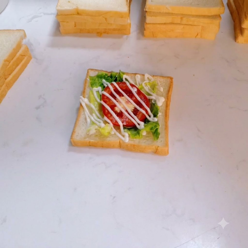 Eine Handvoll fluffiges, zerkleinertes Fleisch-Floss wird über die mit Dressing versehene Gemüseschicht gestreut.