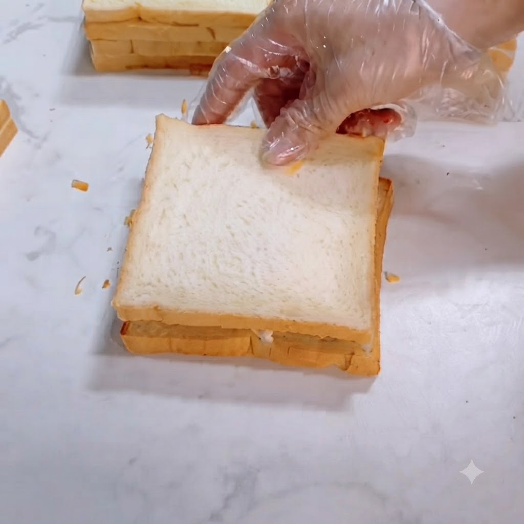 Eine handgeschützte Hand drückt sanft eine zweite Toastscheibe auf die Sandwich-Füllung.